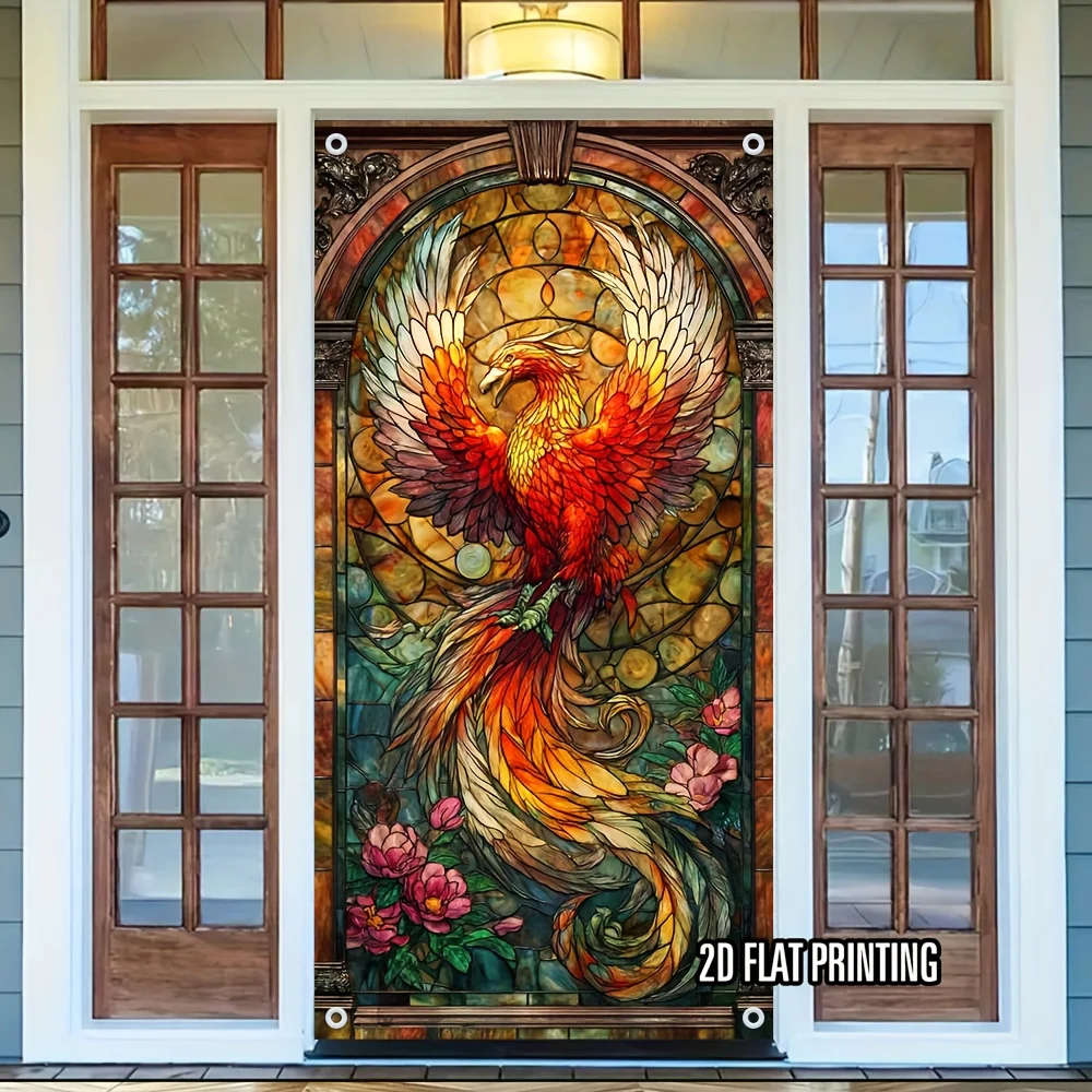 Art Nouveau Phoenix Door Banner Stained Glass Style Polyester Door Cover Wall Hanging for Home Entrance Living Room Party Decor