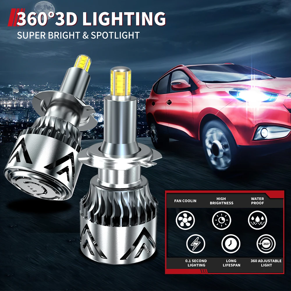 Bombillas de faro Led para coche, Luz antiniebla Turbo de 12V, Canbus, H1, H8, H11, H4, H7, 360, 6500K, Hir2, 9012, HB3, 9005, HB4, 9006