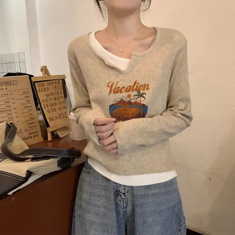 

Female Clothing Spliced V-Neck Slim T-shirt Fake Two Pieces Spring Autumn Casual Letter Printed Long Sleeve Knitted Pullovers