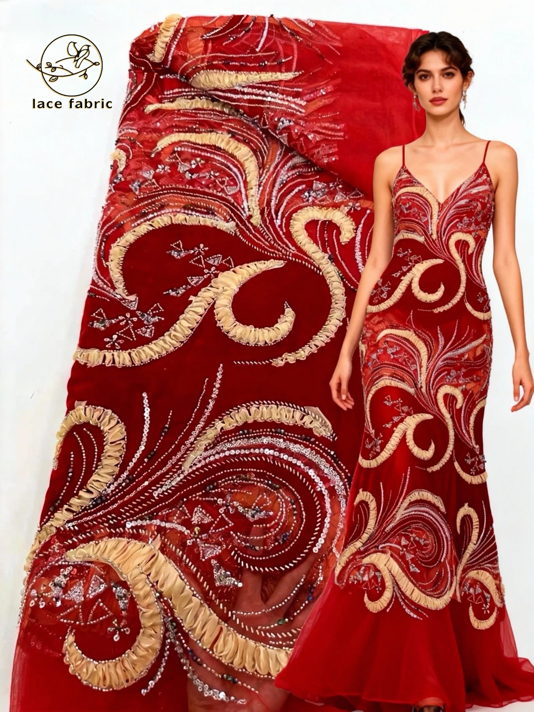 

Red African Velvet Lace Tulle Fabric Beaded Embroidery 2026 Style French Sequin Nigeria Fabric for Women's Dresses Wedding Gowns