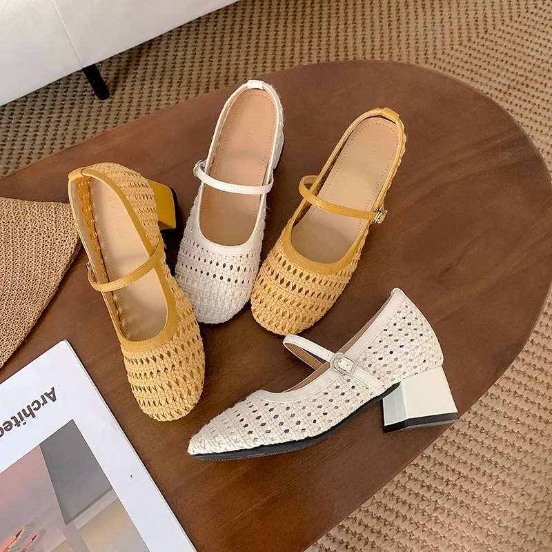 8cm Hidden Wedge Mary Jane Shoes Women Summer Woven Hollow Fishnet Sandals Chunky Heel