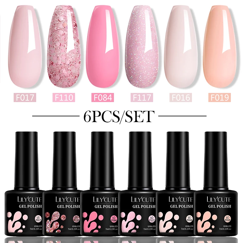 

LILYCUTE 6PCS/Set Pink Nude Glitter Gel Nail Polish Semi Permanent Soak Off UV LED Nail Art Gel Varnishes Manicure Kit Supplies