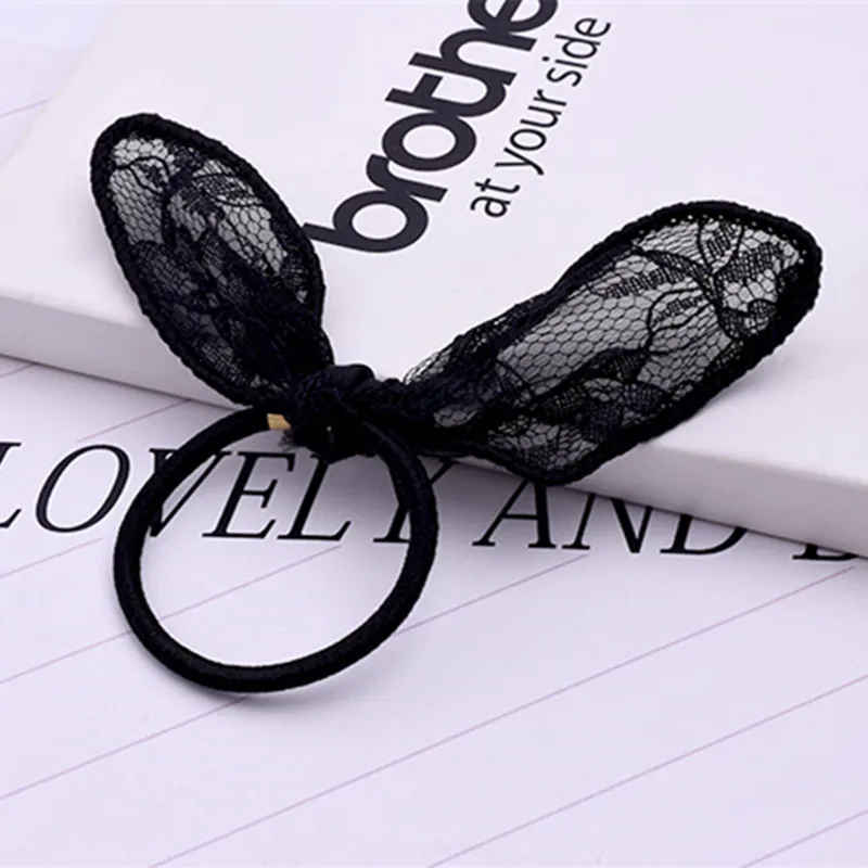 Hot Rabbit Ears Hair Band Sexy Black Lace Bow Hair Rope Scrunchie Elastic Hair Band For Women Girl Hair Accessories Rubber Band