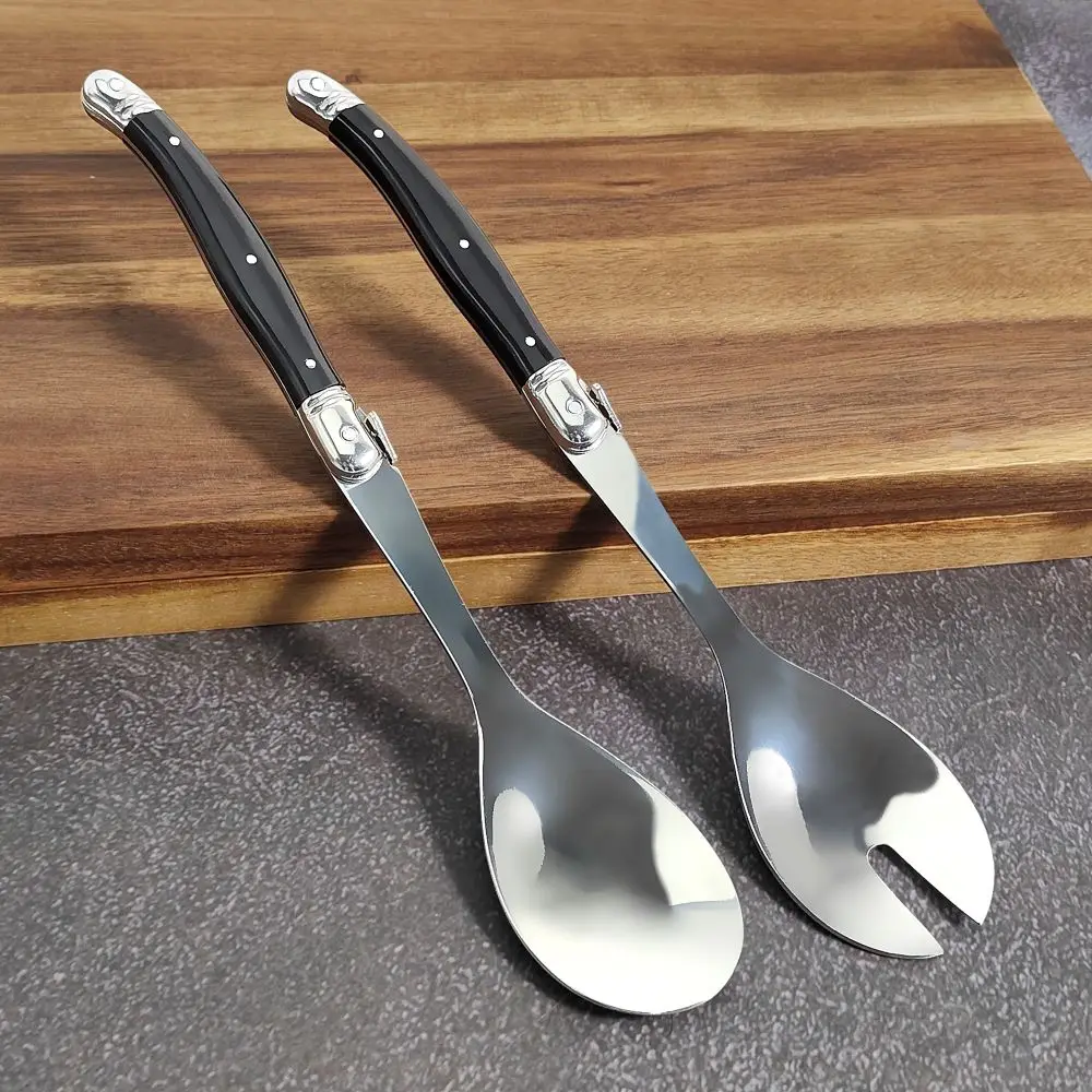 2pcs/Set Salad Spoon Set Slotted Spoon Stainless Steel Laguiole Salad Stirring Spoons Black Salad Serving Tools