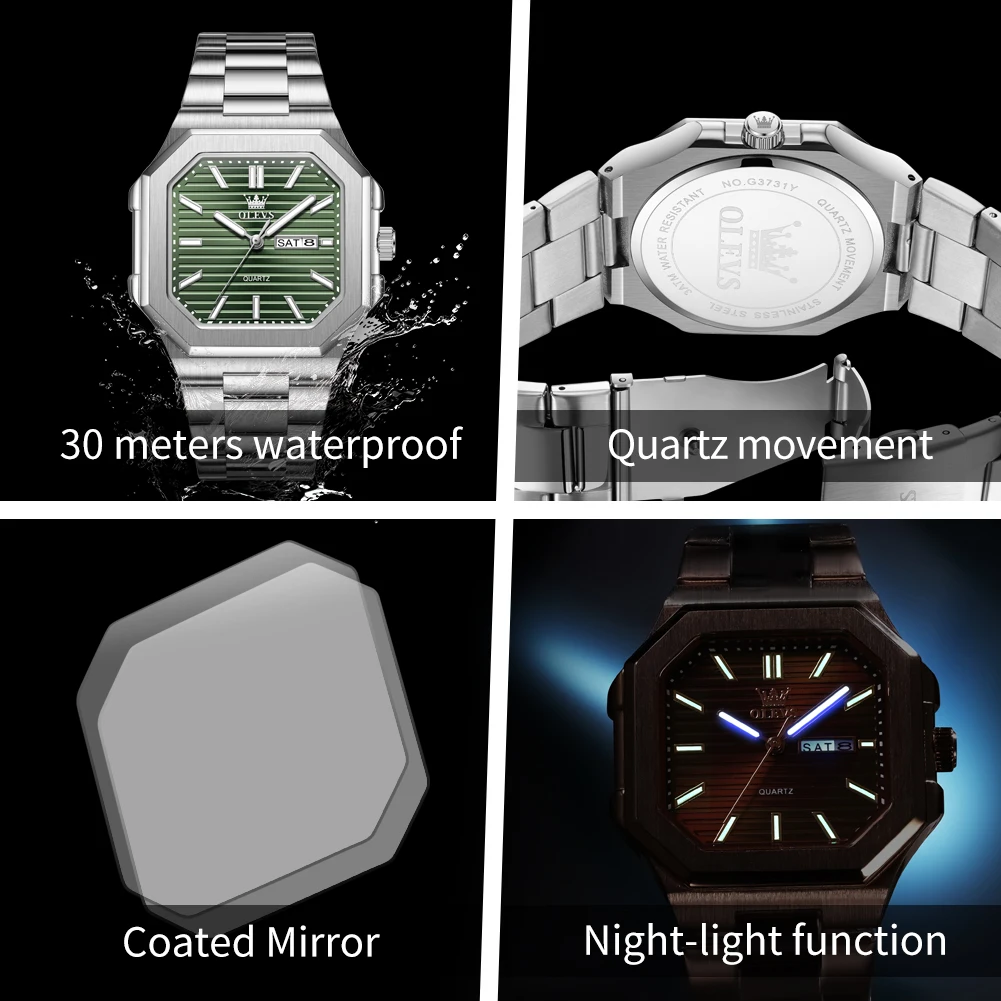 OLEVS 3731 Original Brand Men's Watch Dual Calendar Stainless Steel Strap Waterproof Square Dial Quartz Men's Wristwatch