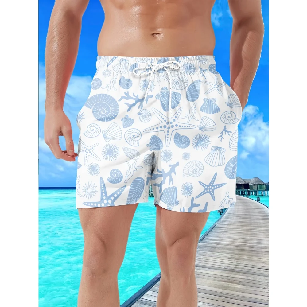 Summer Hawaii Sport Swim Trunksstarfish Shells Ocean Elements Print Beach Pant Elements Vacation Elastic Drawstring Beach Shorts
