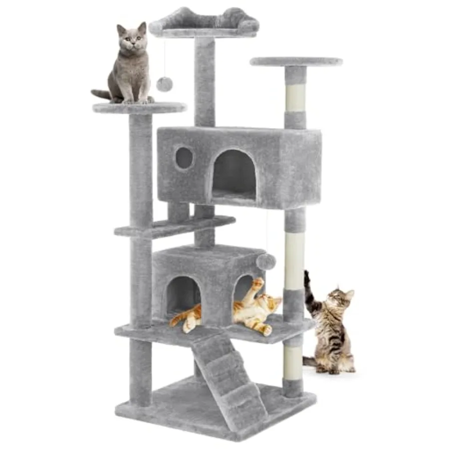 

54-inch Indoor Cat Tree Tower Multi-Level Pet House for Large Cats with 2 Condos Scratching Posts Round Platform Small Ladder a