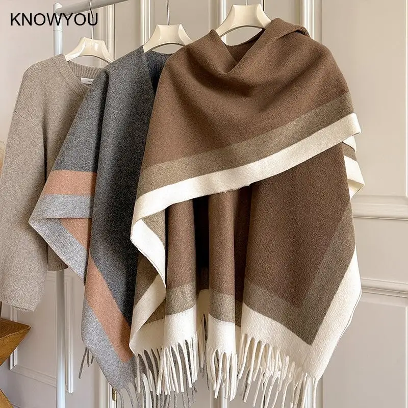 

Новинка 2023 года, зимние женские теплые клетчатые пончо и накидки из пашмины Bufanda Mujer для женщин, большие шали и накидки