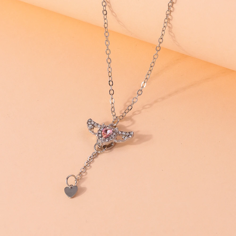 Aihua Kristall Engelsflügel Herz Anhänger Halsketten Damen Mädchen Einfache Y2K Rosa Weiß Zirkon Liebe Elegante Halskette Geburtstag Jewerly – Detail 4