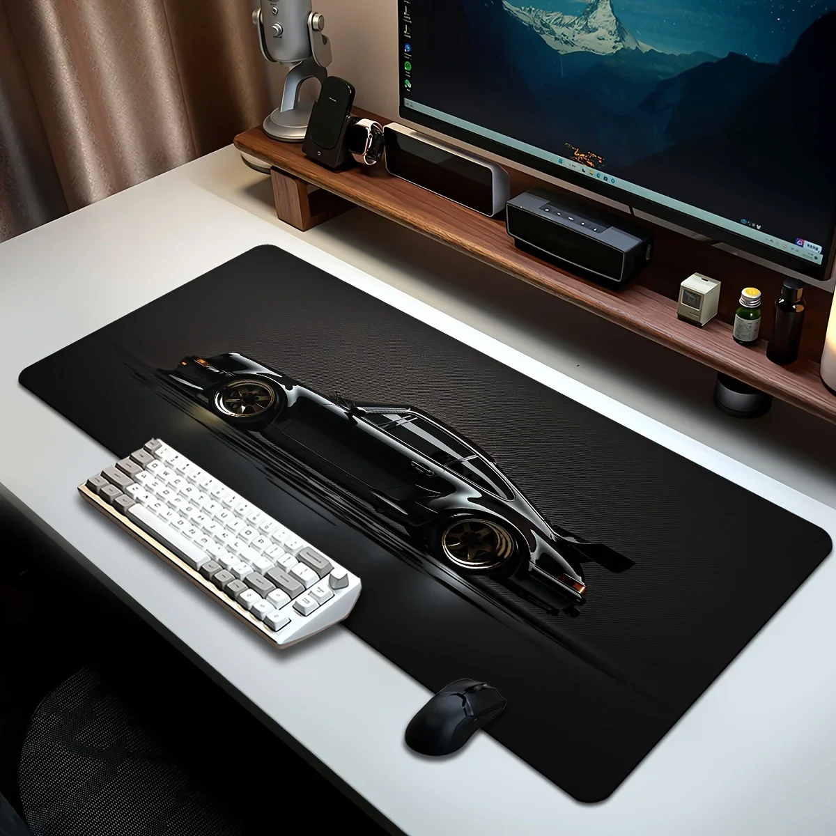 Black Classic Car Large Gaming Keyboard Mouse pad 900x400 non-slip rubber desk mat home office work and game stitched edges XXL