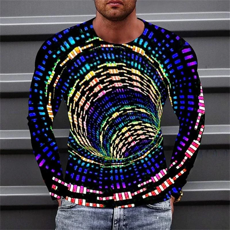 

Fashion Optical Illusions 3D Print Men O-Neck T-shirt Casual Long Sleeve Oversized T Shirts Fashion Tops Trend Men Clothing