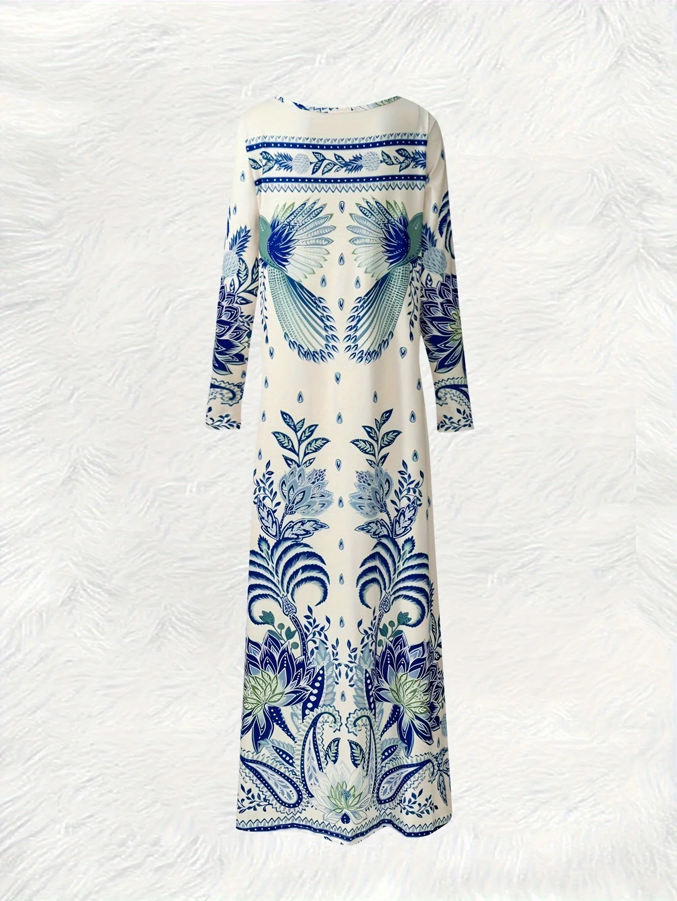 Printed Design Boho Blue Botanical Bird Paisley Print V Neck Long Sleeve Floor Length Dress