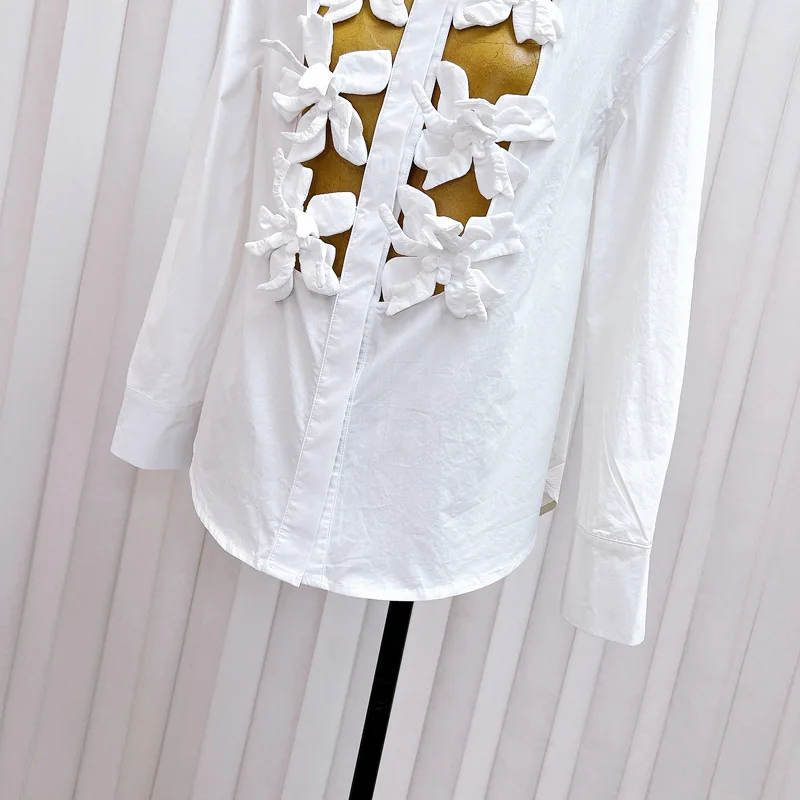 Handmade 3D Flowers Stitching Design Single-Breasted Blouse Women Sexy Hollow Out Long Sleeve Stand Collar White Shirt Blusas