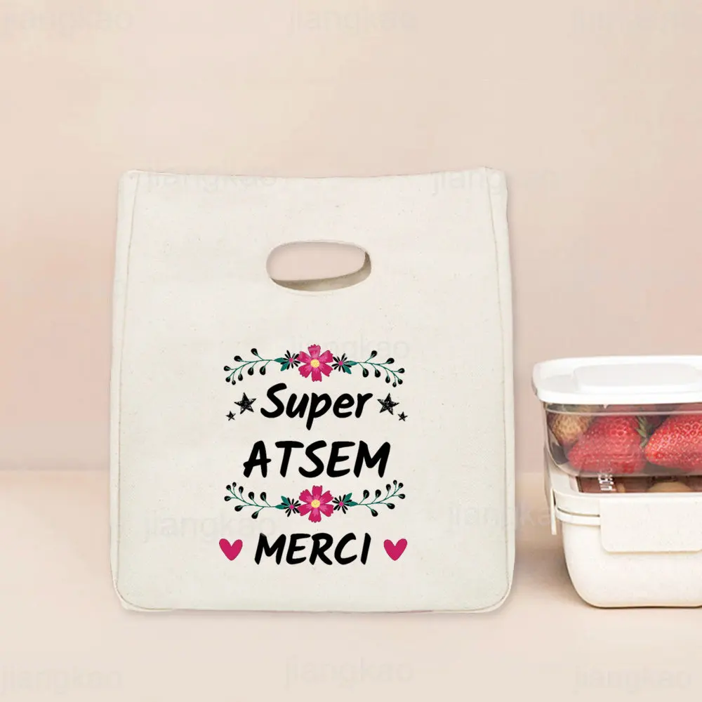 Merci Atsem Printed Lunch Bag Portable Insulated Canvas Cooler Bento Box Tote Thermal School Food Storage Pouch Gifts for Atsem