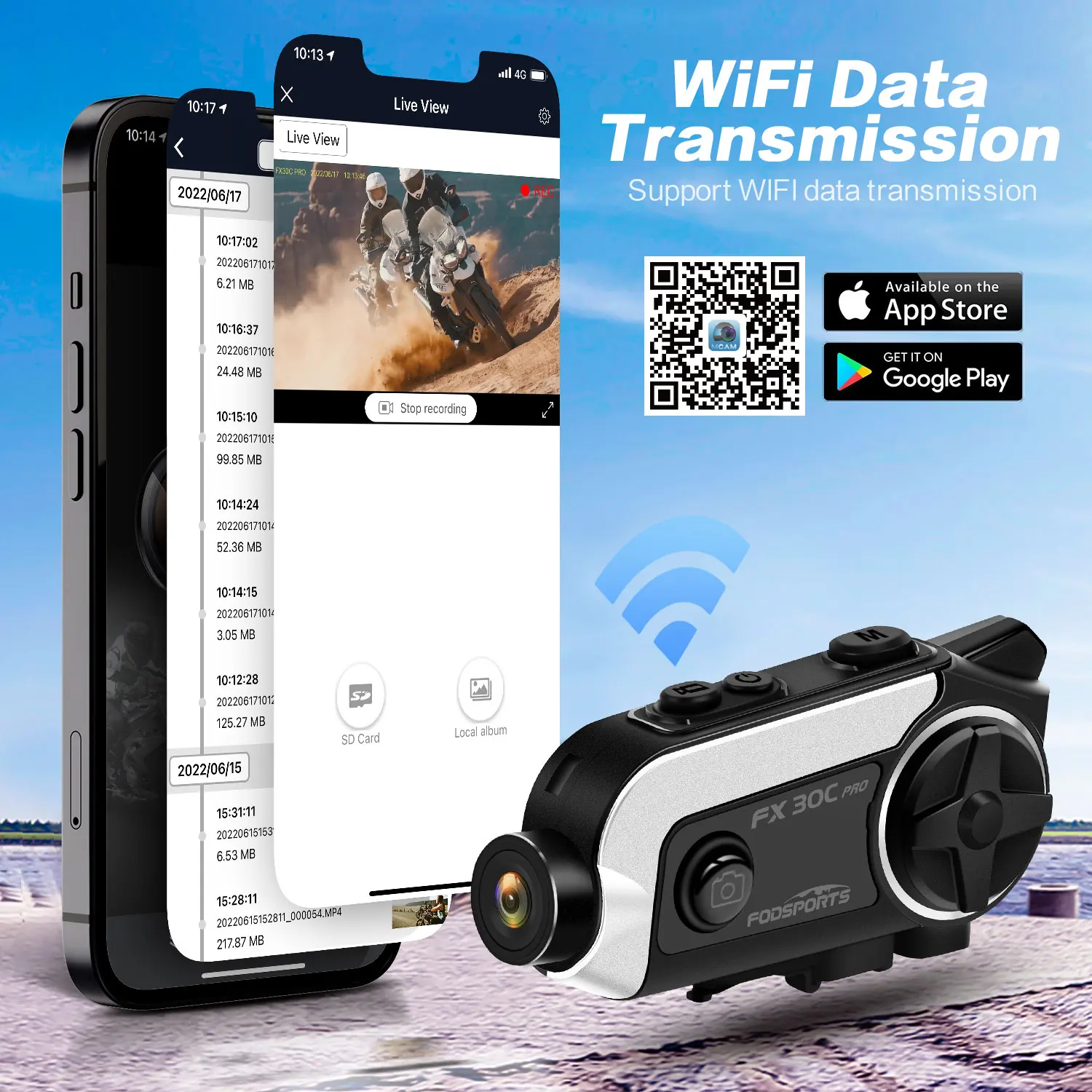 Fodsports FX30C Pro Motorcycle Intercom Bluetooth Helmet Headset 1080P Helmet Video Recorder.