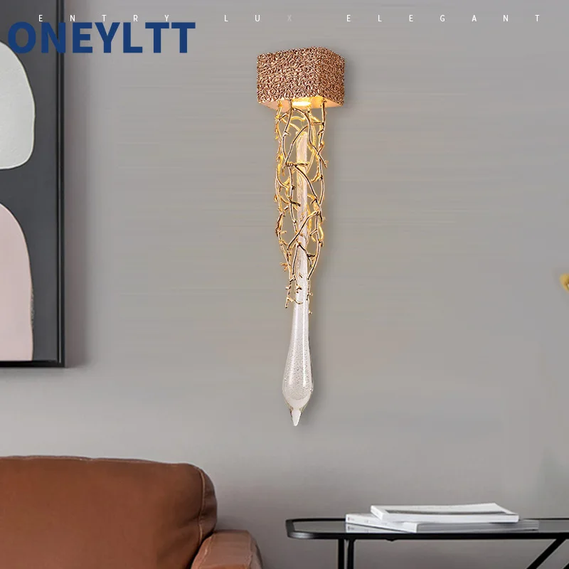 

American postmodern bedroom wall villa living room dining room bedroom light luxury duplex all aluminum indoor crystal wall lamp