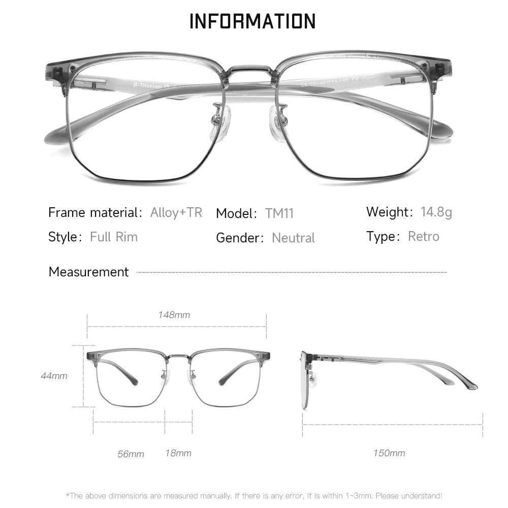 Gmei البصرية موضة سبيكة TR90 الرجال النظارات الإطار النساء ريترو مربع خفيفة وصفة طبية إطارات نظارات TM11 #4