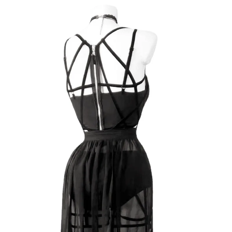 AltGoth Gothic Nightclub Sexy Skirt Set Women See Through Mesh Backless Crop Tops Emo Alt Punk High Waist Underpants Skirt 3pcs image 5