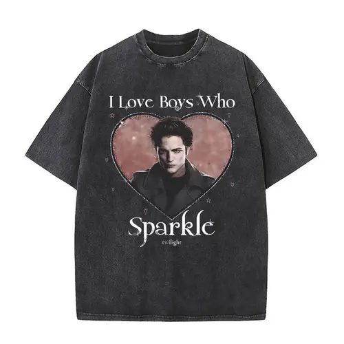 Imagen 1 del producto Camiseta lavada Vintage para hombres y mujeres, camisa de película Twilight I Love Boys Who Sparkle, Robert Pattinson, Edward Cullen, de gran tamaño