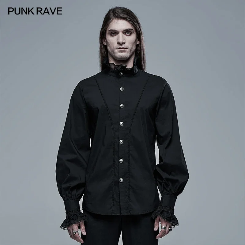 PUNK RAVE Men\'s Gothic Aristocratic Shirt Micro Elastic Cotton Woven Court Exquisite Lace Party Men Clothing 2 Colors Shirts