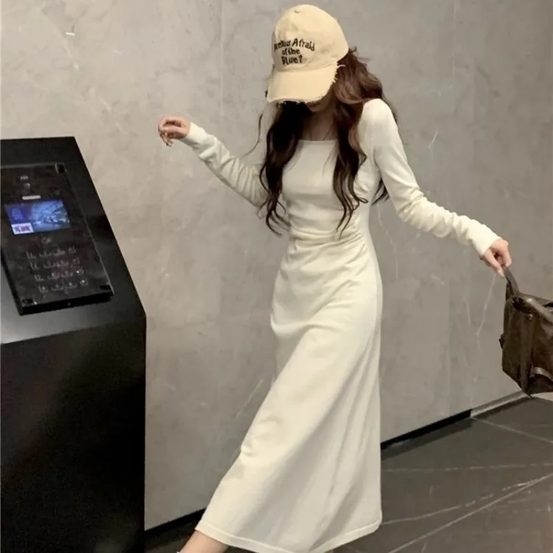 Long Sleeve Dresses Women Autumn French Style Solid Slim Newest Midi Basic Ulzzang Fashion Aesthetic All-match Simple Elegant