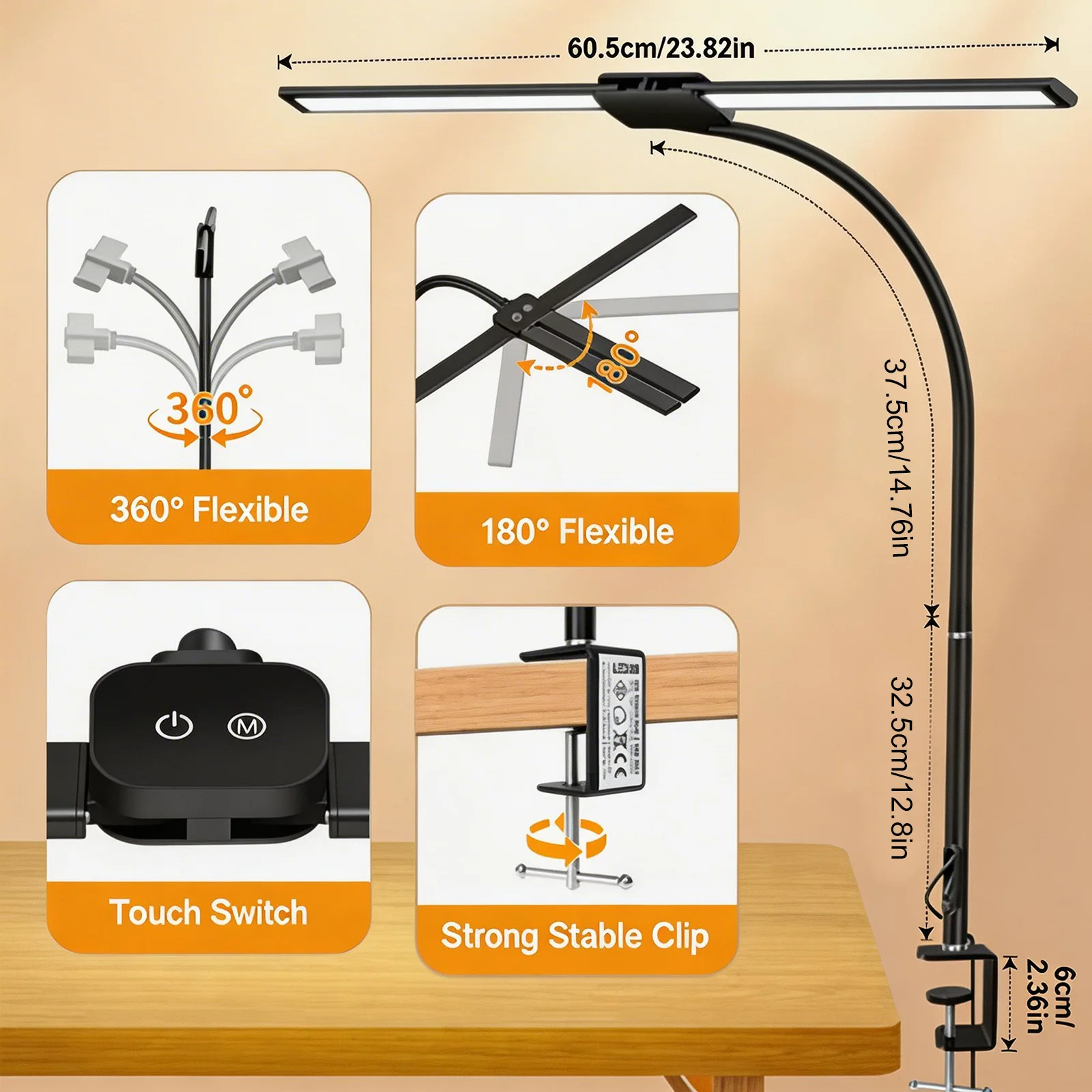 Double Head Clip-on LED Desk Lamp 3 Modes Brightness Adjustable USB Adapter Suitable for Reading Studying Piano Monitors Office image 5