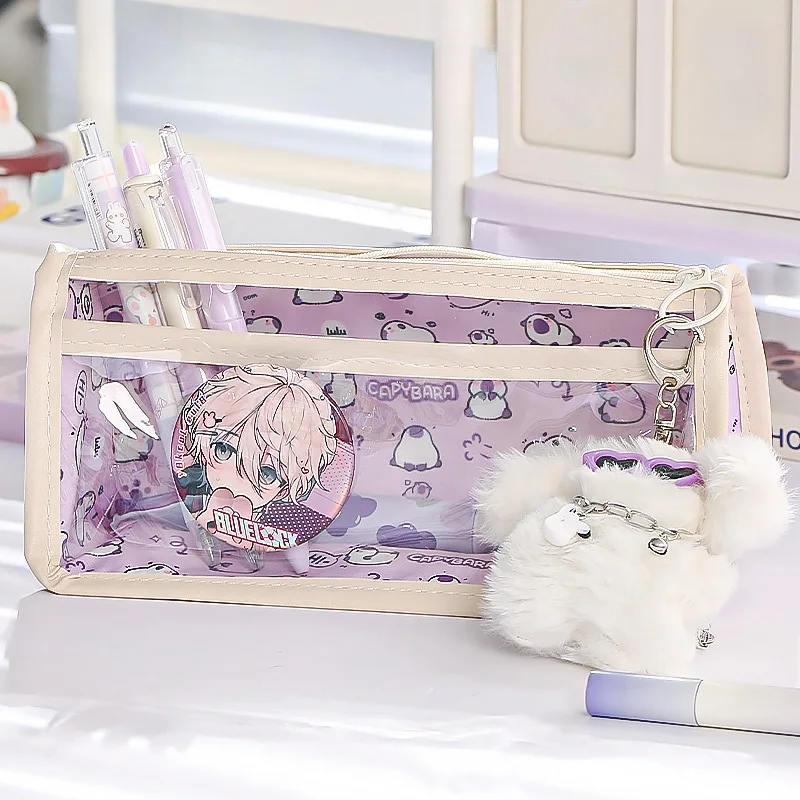 Purple Capybara Triangle Pencil Case Kawaii Cartoon Transparent Front Pocket Pen Bags Stationery Organizer Supplies Pencil Pouch