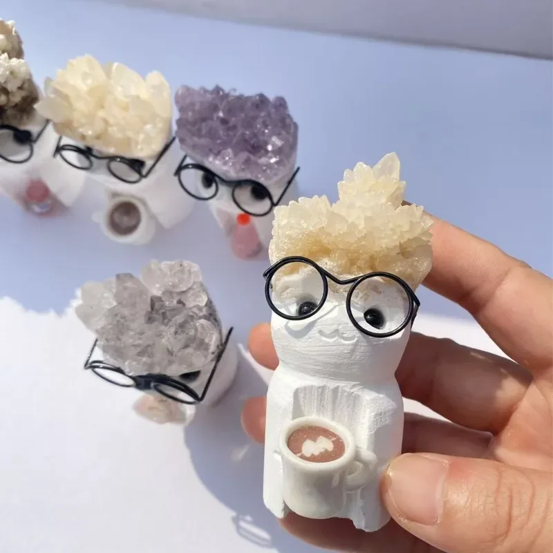 Cross-border natural crystal ornament purple crystal cluster wearing glasses Groot crystal rough stone desktop cute station