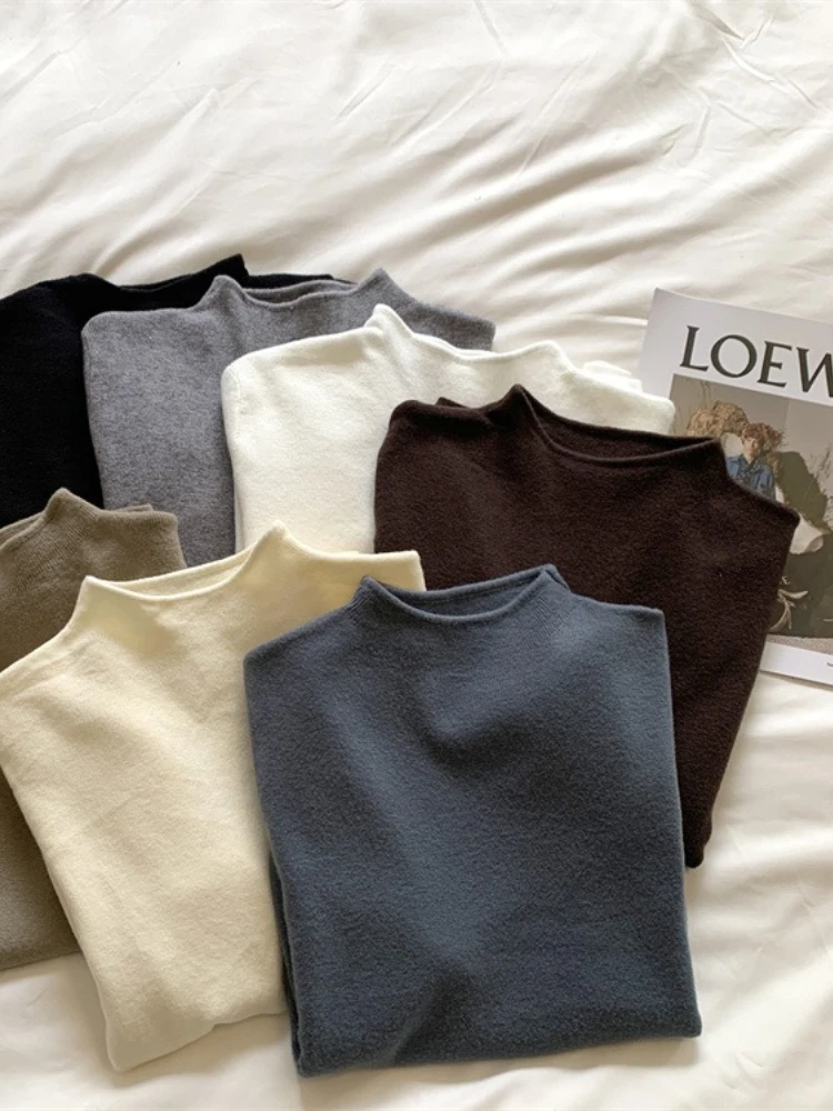 

New Chic Women Long Sleeve Soft Mock Neck Sweater Knitted Top Elegant Winter Casual Solid Color Snug Korean Style Sweater