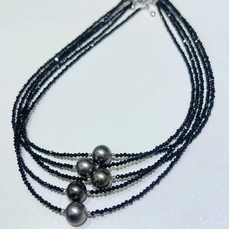 

SGARIT 18K White Gold 10-11mm Natural Tahitian Black Pearl Necklace AU750 Black Spinel Chain for Woman Fine Choker