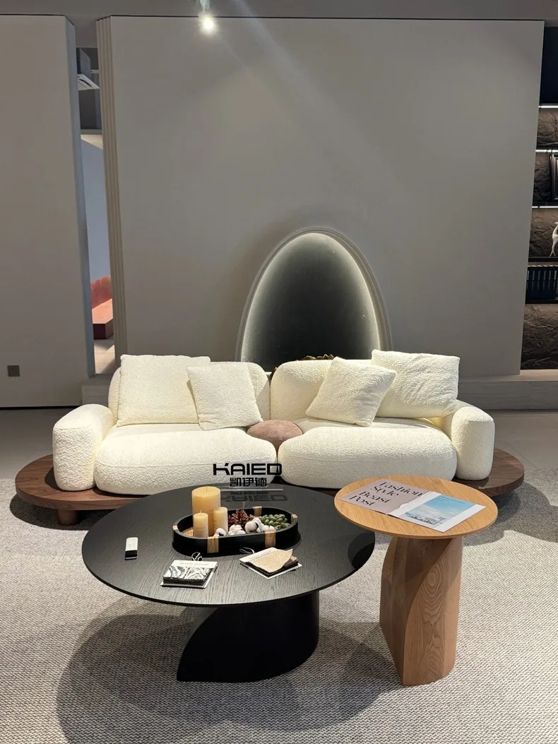 Beige Boucle Curved Corner Sofa L Shaped Modular Sectional Pillow Backrest Walnut Finish Base Deep Seat For Living Room
