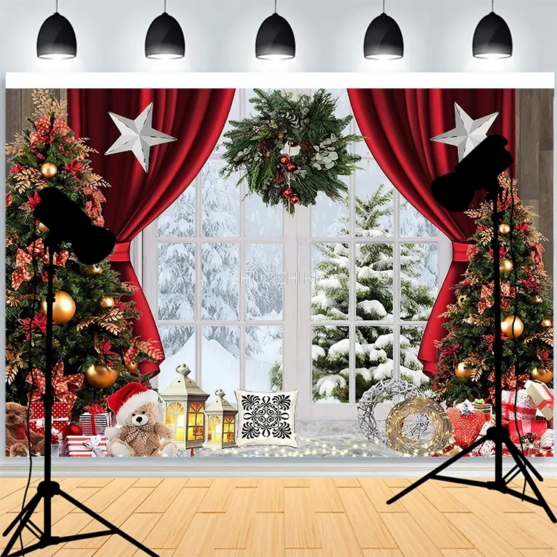 

Christmas Day Wreath Window Background Xmas Decoration Warmth Living Room Family Happiness Party Photography Backdrops AG-08