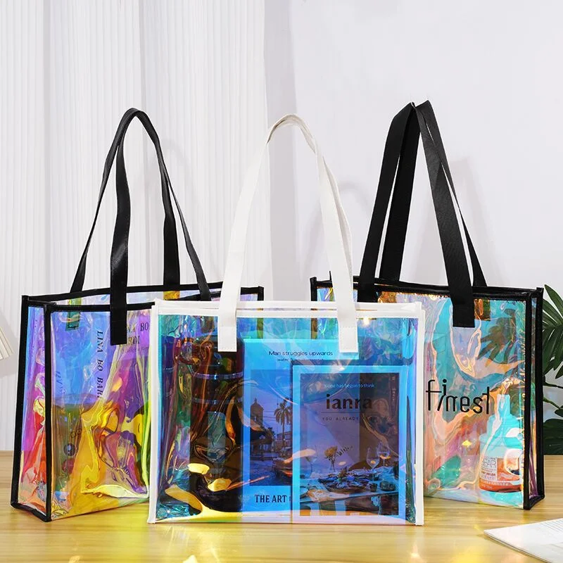 StoBag 2pcs Laser Transparent Shopping Tote Bag ShoulderFashion Gift Packaging Wedding Pouch Portable Custom Logo(Extra Fee)