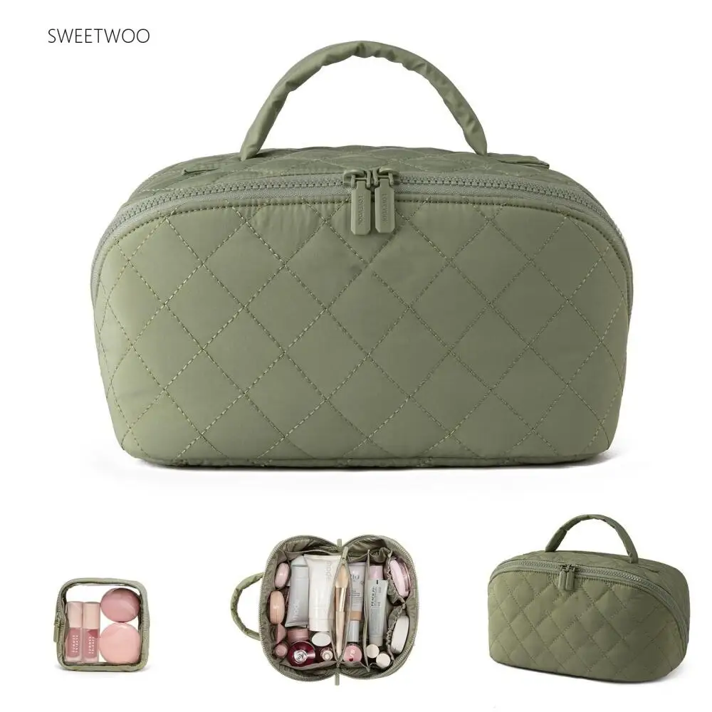 Large-Capacity Quilted Travel Toiletry Organizer Bag, Partition-Designed Portable Cosmetic Storage Pouch with Top Handle