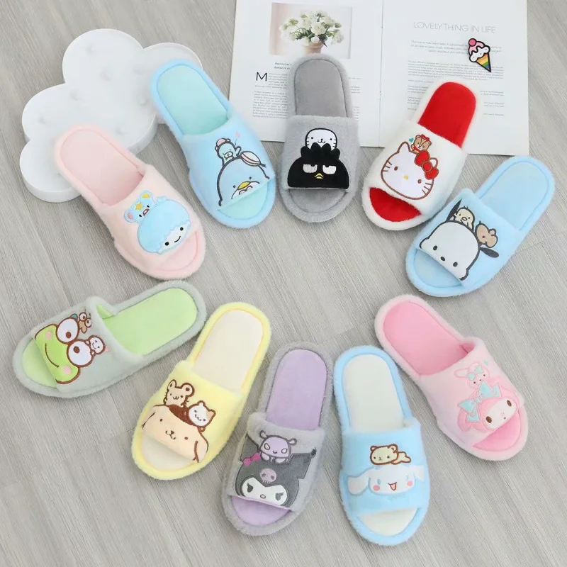 Sanrio Hello Kitty cute sweet warm home women's shoes Kulomi cartoon plush toes flat non-slip cotton slippers