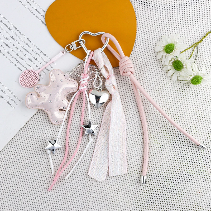 Colorful Leather Braided Rope Keychain Little Bear Charm Pendant Keyring Fashion Simple All-matching Bag Decoration Accessories