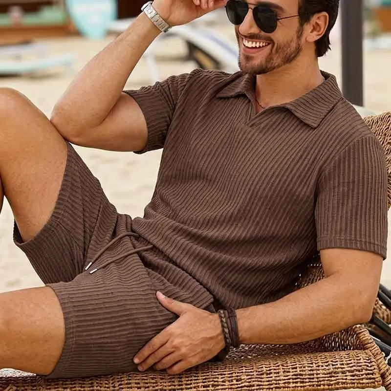 

Men's 3D Textured Short Sleeve Polo Shirt Casual Sports Two Piece Set Summer Outfit