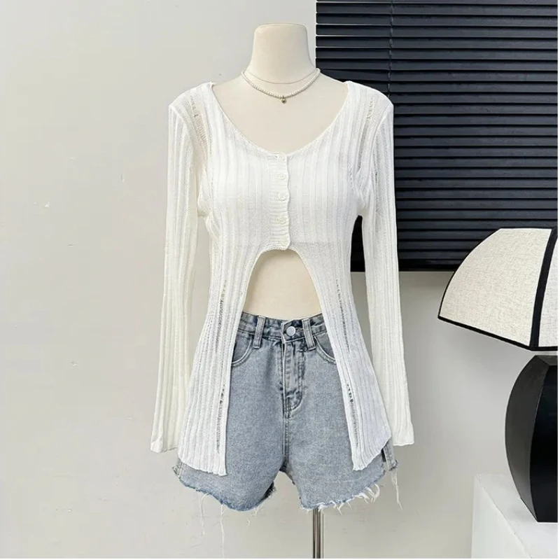 2027 New Women Distressed Knit Top Long Sleeve Button Up Sweater Cardigan Sheer Open Stitch Tops Teen-girl Sexy Club Fall Outfit