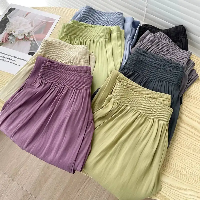 

Women's Pants 2025 Spring Summer Ice Silk Wide Leg Pants High Waisted Loose Solid Color Trousers Casual Outdoor Pants