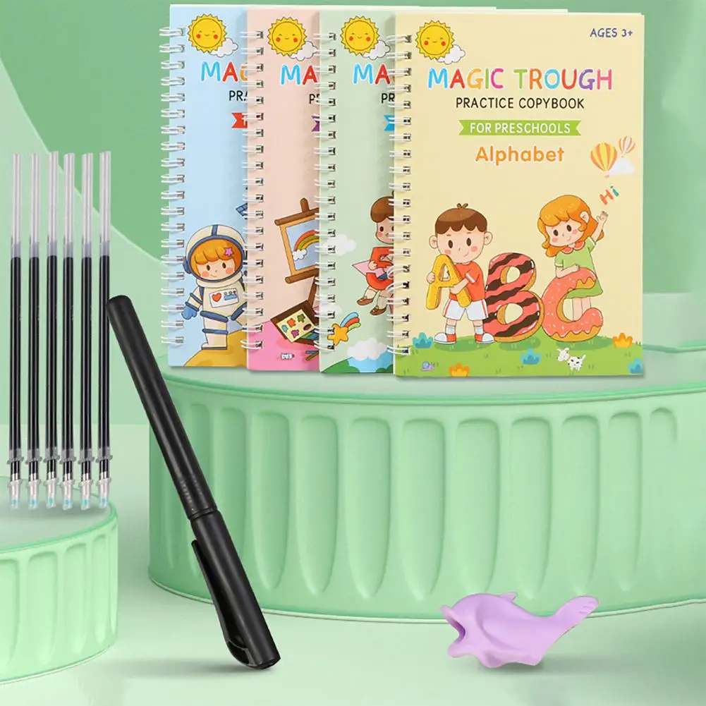 1 Set Calligraphy Practice Copybook Reusable Kids Hand Writing Practice Book Grooved Disappearing Ink Alphabet Math Preschool