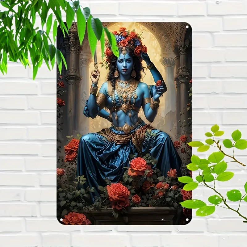 

Vintage Aluminum Art Sign - Hindu Deity Durga with Sword, Floral Design | 12x8 Inch Metal Wall Decor for Home, Cafe, Restaurant