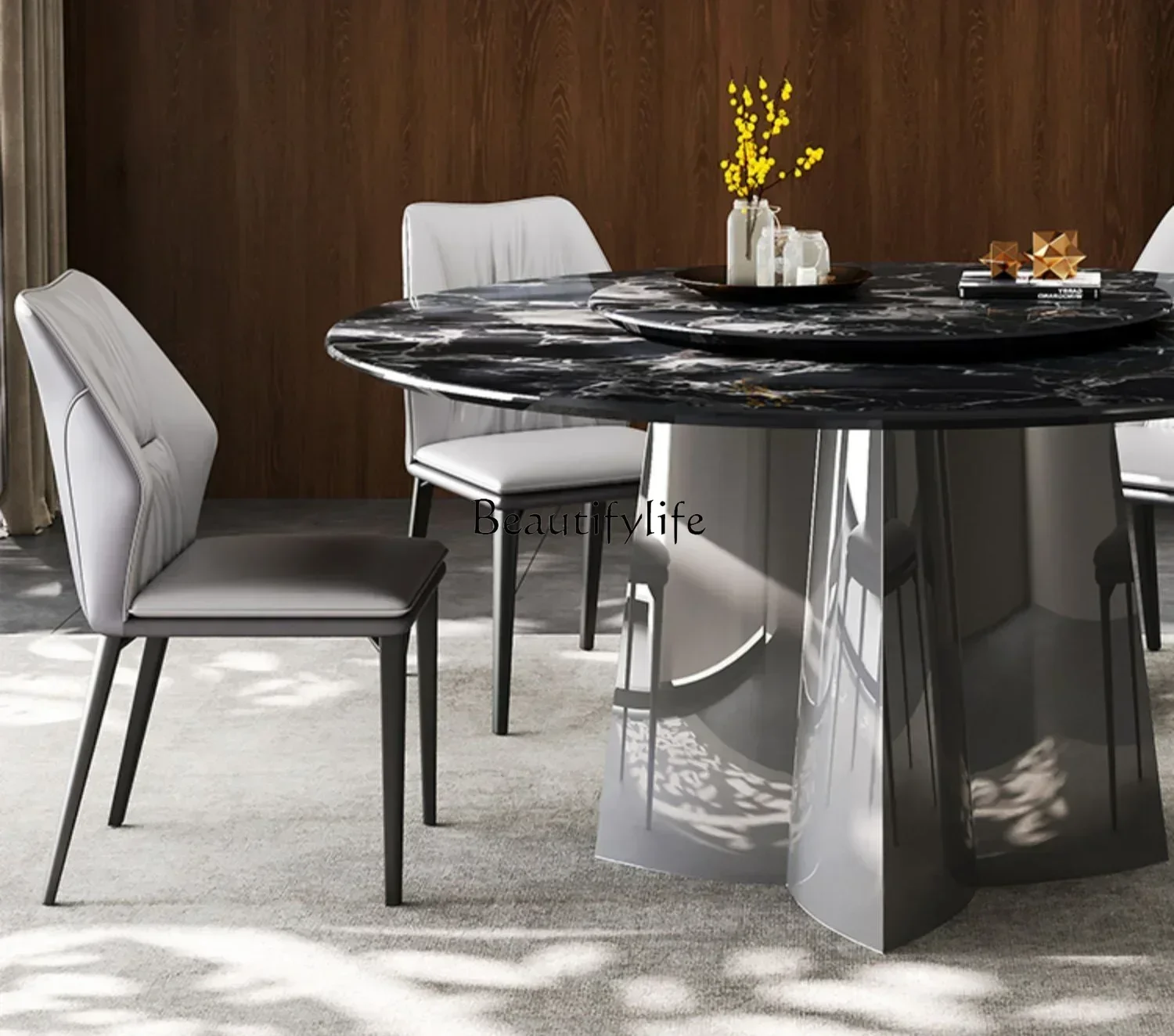 

Natural marble round dining table high-end black rose imported luxury stone high-end dining table