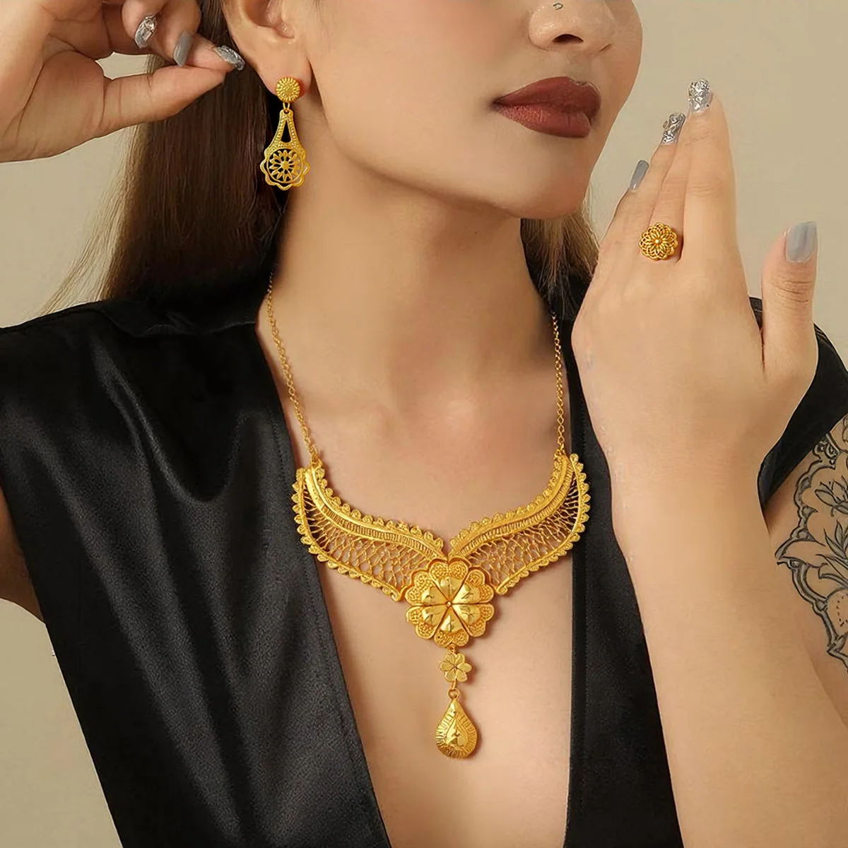 Luxury 24K 9999 Pure Gold real gold Dubai Middle East Africa Popular Women's Necklace Earrings Bracelet Ring Set