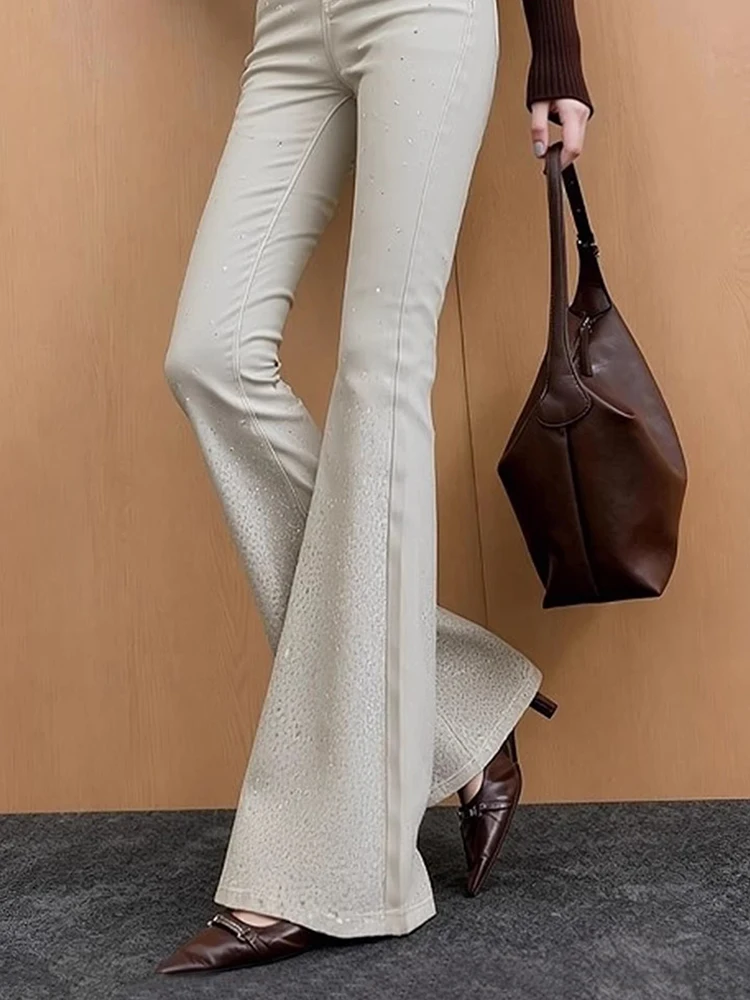 ReddaChic Glitter Khaki Jeans for Women Trendy Retro Stretchy High Waist Bootcut Rhinestone Demin Pants Going Out Everyday Wear