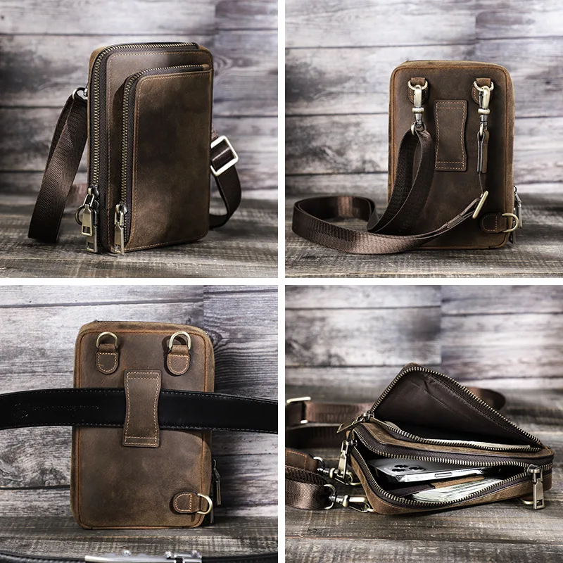 الرجعية حزام جلد الخصر شنقا الهاتف المحمول تخزين المحفظة في الهواء الطلق الكتف عبر الجسم حقيبة رجالية متعددة الوظائف