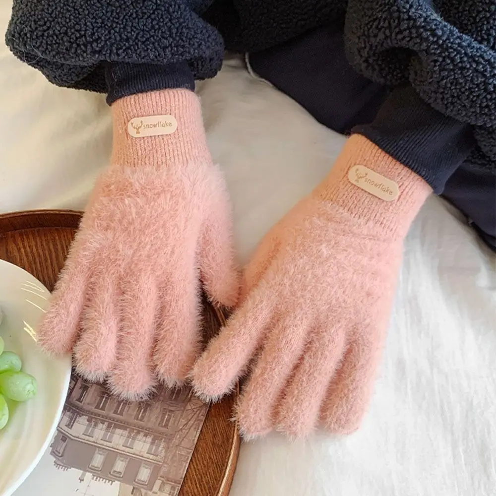

Cute Thickened Furry Gloves Solid Color Warm Knitted Gloves Windproof Cold-proof Mink Velvet Gloves Outdoor Cycling Driving