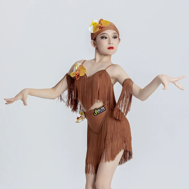 New Flower Tassel Latin Dance Clothes Girls Performance Sets Fringe Dress Kids Cha Cha Dance Clothing Competition Dress DNV20649