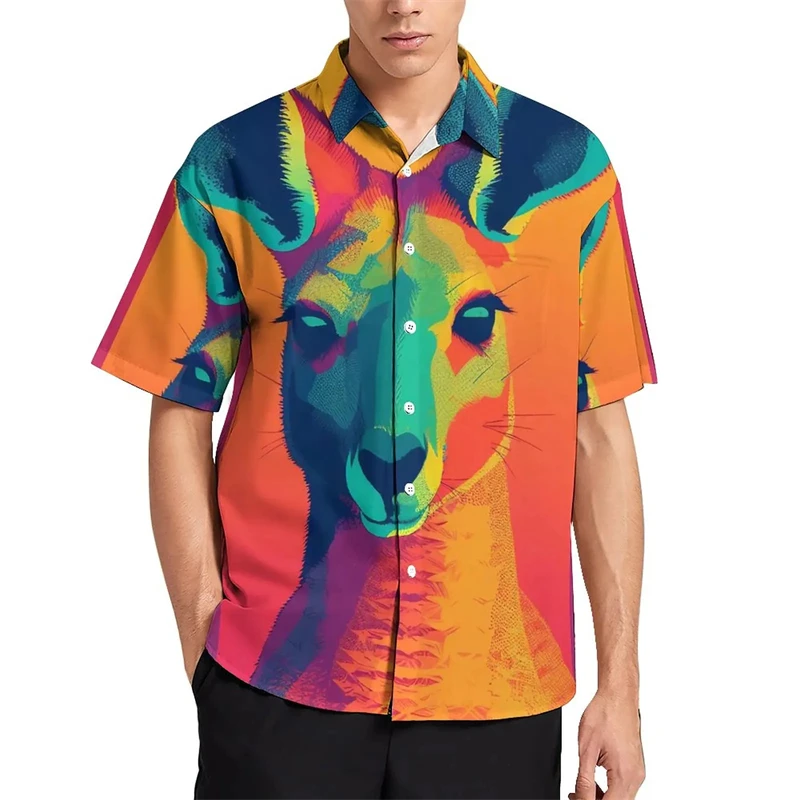 Graffiti Kangaroo 3D Printed Blouses For Men Clothes Hawaiian Animal Graphic Beach Shirts Streetwear Boy Short Sleeve Y2k Tops