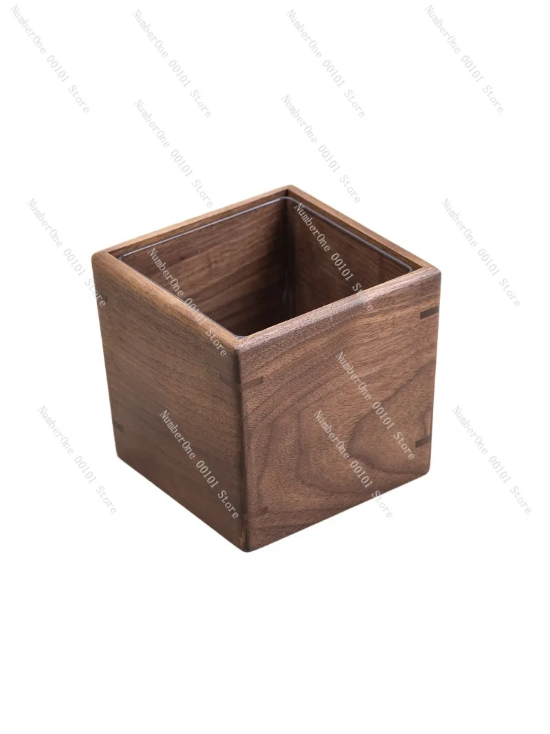 Elegant Black Walnut Desktop Trash Bin Solid Wood Storage Bucket Square Tabletop Organizer Box with Removable Inner Liner Small