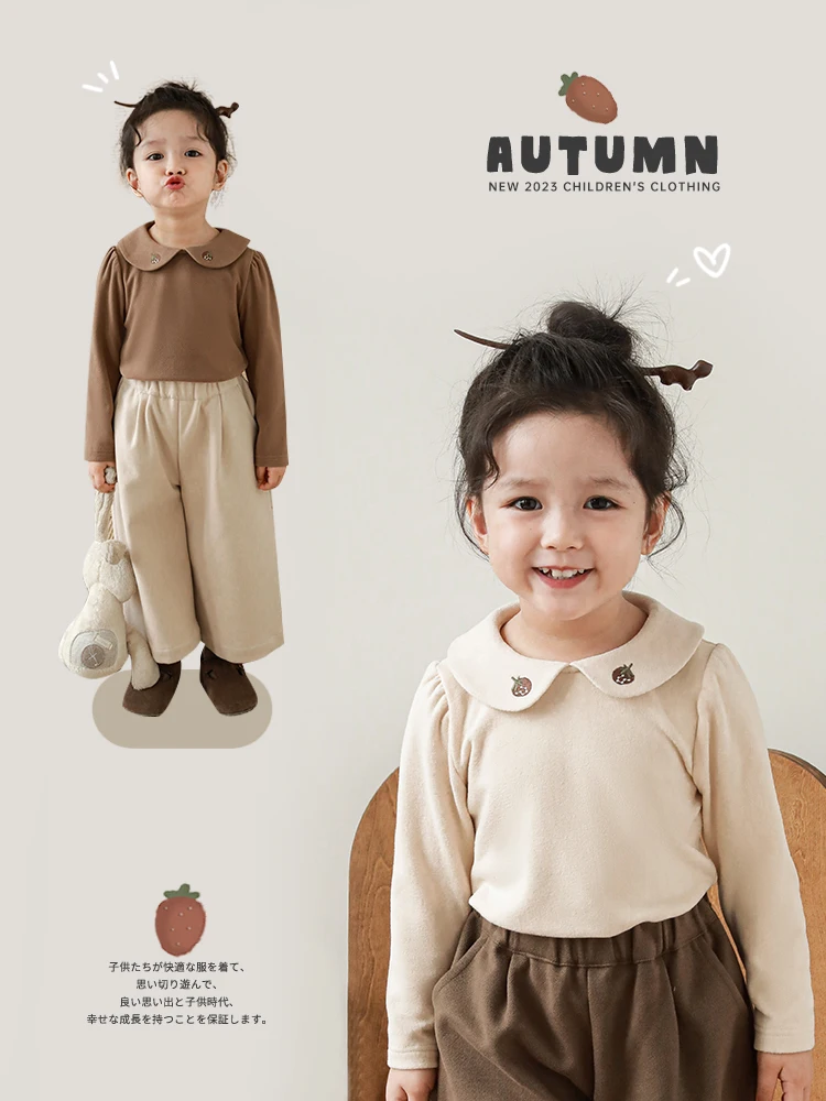 

Girls' Velvet Bottom Shirt 2023 Autumn New Children's Embroidery Lapel Cotton Soft Top Trend